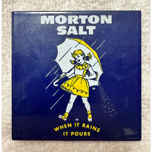 Morton Salt Blue & Yellow "When It Rains It Pours" Metal Refrigerator Magnet